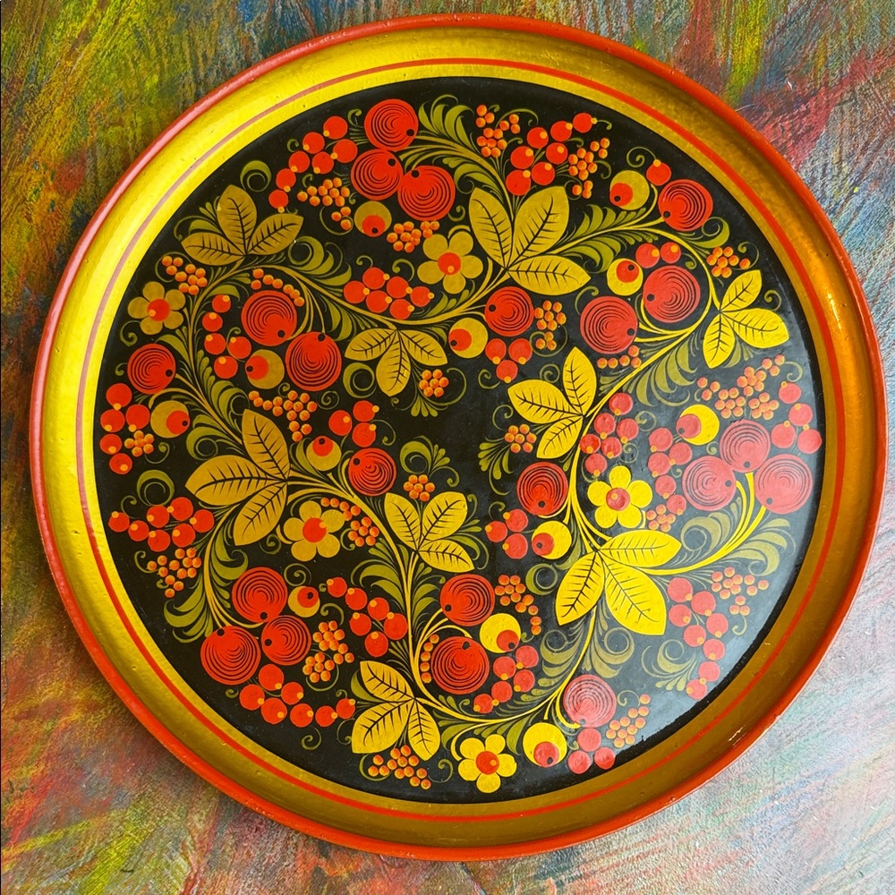 Russian Khokhloma Hand Painted Floral  Folk Art Lacquer 12" Wood Plate Tray